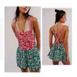 Free People Floral Red and Green Jumpsuit